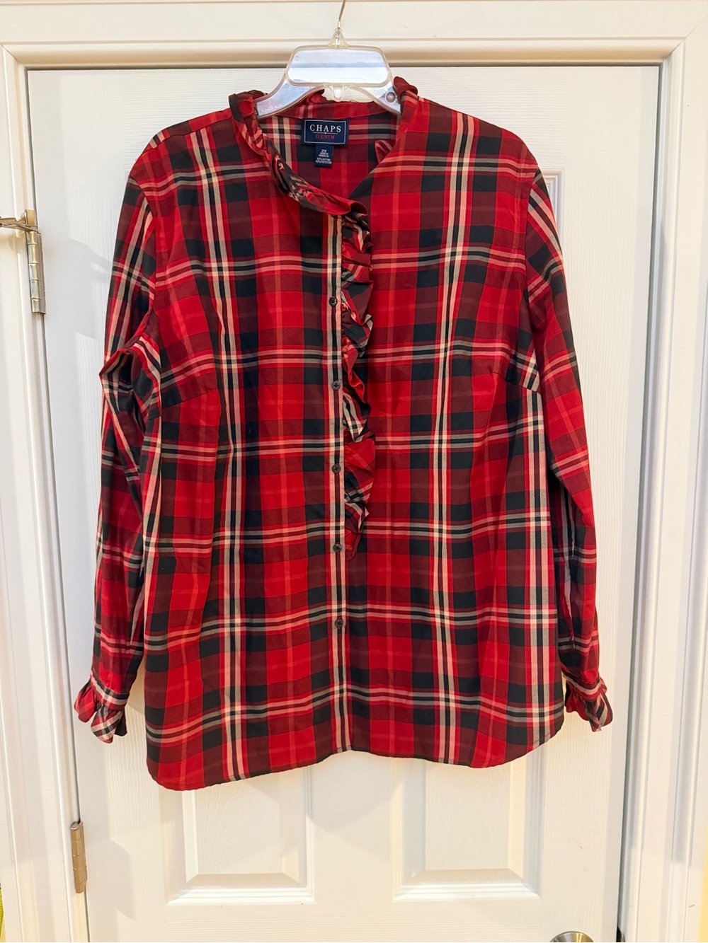 Women's Size 2X "Chaps Denim" Red Plaid Ruffle-Front Blouse GUC
